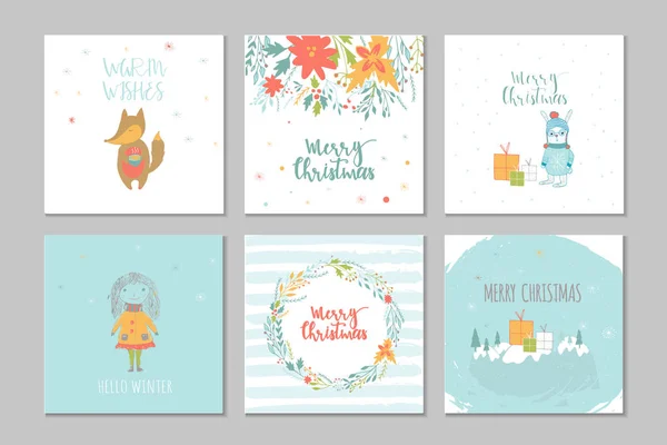 プレゼントとレタリング メリー クリスマスかわいいグリーティング カードのコレクションです クリスマス招待状 子供部屋 保育所の装飾 インテリア デザインのためのポスターの描画スタイルを手します ベクトル図 — ストックベクタ