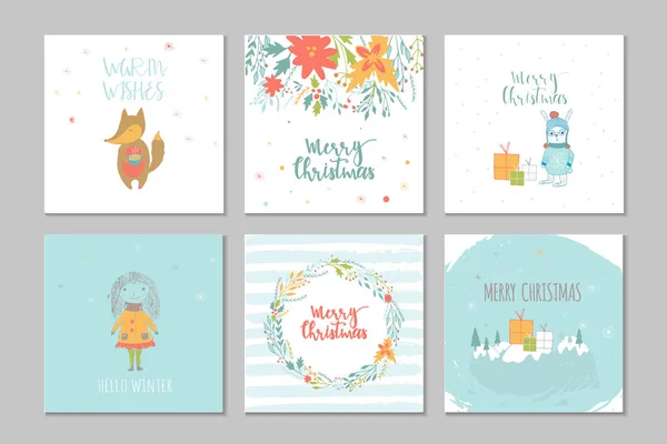 Colección Feliz Navidad Linda Tarjeta Felicitación Con Animales Regalos Letras — Vector de stock