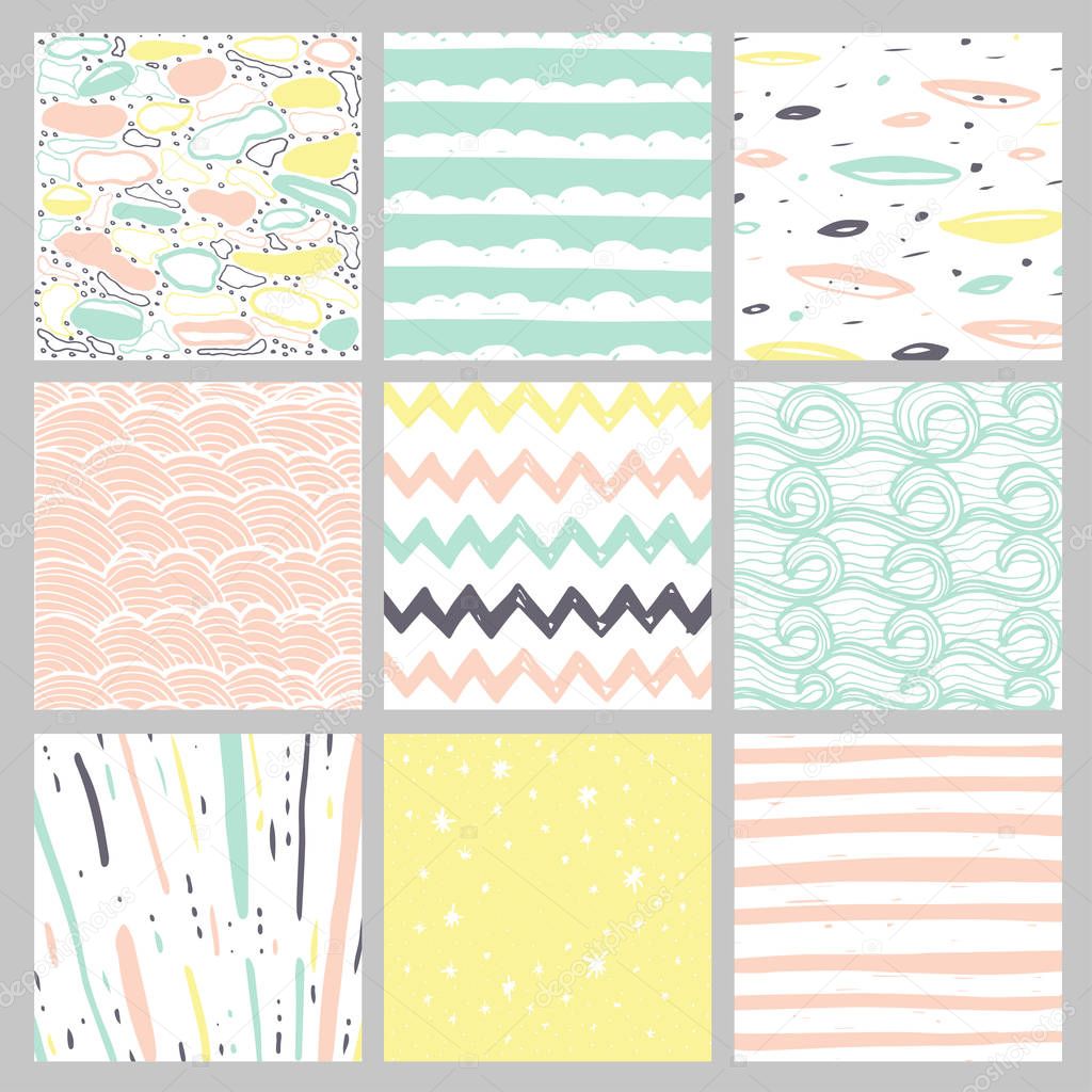 Hand drawn pattern collection. 9 Simple textures for background, fabric, scrapbook, baby shower or other types of design.