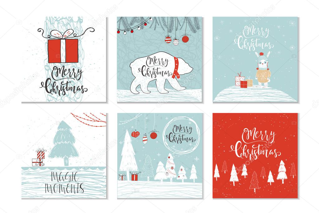Set of 6 cute Christmas gift cards with quote Merry Christmas, merry and bright, warm wishes, magic moments. Easy editable template. Cute illustration for card, poster, t-shirt, banner.