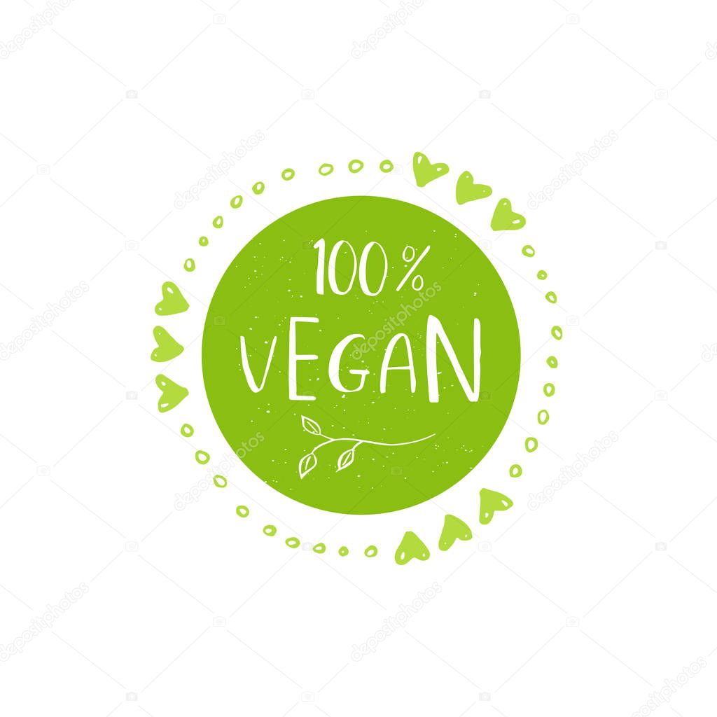 Vector eco, bio green logo or sign. Vegan, raw, healthy food badge, tag for cafe, restaurants, products packaging. Hand drawn plant elements with lettering. Organic design template.