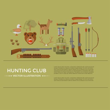 Av Ekipmanları ve dişli AVI için afiş. Vektör Icon collection: tüfek, bıçak, av tüfeği, botlar, dürbün, fener, fener, pusula sırt çantası ve çizgi film karakteri