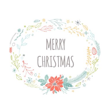 Çelenk, şirin hediye kart hediye ve çizilmiş Noel yazı el. Poster teklif, T-shirt tasarım veya ev dekorasyonu öğesi ile. Vektör tipografi. Kolay düzenlenebilir bir şablona.