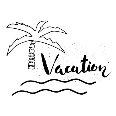 Güzel yaz poster el çizilmiş yazı ve palmiye ağacı. Yelken, tropikal tatil, afiş, davetiye, zarf, arka plan, günlük kartlar için şablon. 