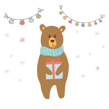 Neşeli Noel şirin tebrik kartı ayı ve hediye hediyeler için. Posterler davet, çocuk odası, çocuk odası dekorasyonu, iç tasarım için çizilmiş tarzı el.