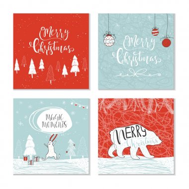4 sevimli Noel hediye kartları ile hayvan ve yazı alıntı Merry Christmas, sıcak dilek, sihirli anlar kümesi. Kartpostal tasarım, poster, tişört, için çizilen illüstrasyon el afiş, Oktay davet, karalama defteri. Mükemmel vektör.
