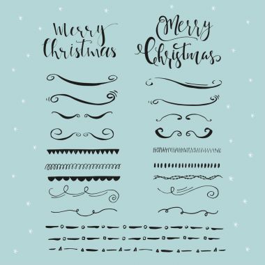 Yazı ile elle çizilmiş Noel sınırları topluluğu. Şirin ve benzersiz mürekkep swirls ve bölücüler tasarımınız için. Vektör.