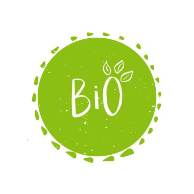 Vektör yuvarlak Eko, bio yeşil logo veya işareti. Vegan, ham, sağlıklı gıda rozet, kafeterya, restoranlar, ambalaj için etiket. Çizilmiş daire, yaprakları, yazı öğelerle bitki türden. Organik tasarım şablonu.