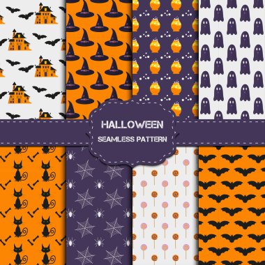 8 Cadılar Bayramı desenleri ile sonsuz doku topluluğu. Duvar kağıdı, dolgular, web sayfası, yüzey, karalama defteri, tatil kartı, davet ve parti tasarım için vektör arka plan-ebilmek var olmak kullanılmış.