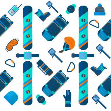 Kış spor desen. Kayak ve snowboard ekipman düz stil tasarım dekoratif duvar kağıdı, baskı, zemin, karalama defteri için beyaz arka plan üzerinde izole ayarla.