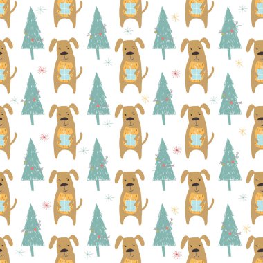 Köpekler ve hediyeler ile sorunsuz tatil desen. Tebrik kartı, posterler, davet, çocuk odası, çocuk odası dekorasyonu, iç tasarım, baskı, skrapbook, tekstil için elle çizilmiş Noel arka plan.