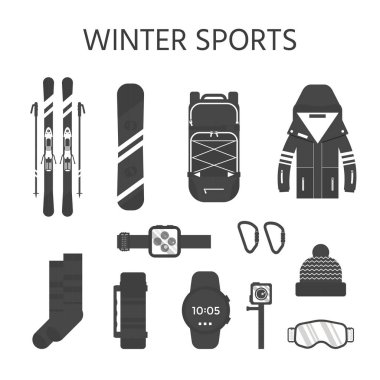 Kış spor simgeler koleksiyonu. Kayak ve snowboard ekipman düz stil tasarım beyaz arka plan üzerinde izole ayarlayın. Ski resort resim, dağ aktiviteleri, vektör çizim öğeleri.