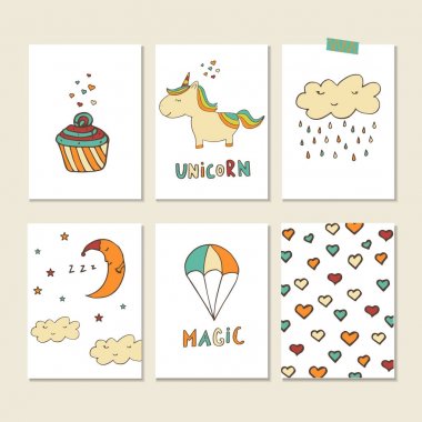 Tek boynuzlu at yama rozetleri ile kalp, pasta, bulut, kale, gökkuşağı ve diğer simgeler. İzole resimleri - nakış, rozetleri için harika. Vektör sopa için çocuk odası, çocuk odası dekorasyonu, iç tasarım.