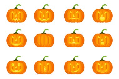 Halloween pumpkins vektör simgeler kümesi, duygu varyasyon, emoji. Basit düz stil tasarım öğeleri. Farklı komik ve korku yüz ifadeleri.