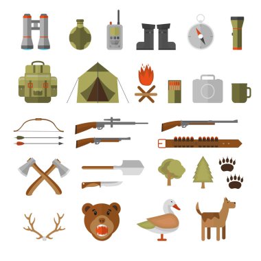 Av Ekipmanları ve dişli AVI için kümesi. Vektör simgeler koleksiyonu: tüfek, bıçak, av tüfeği, botlar, dürbün, fener, fener, pusula sırt çantası ve çizgi film karakteri 