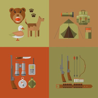 Av Ekipmanları ve dişli AVI için afiş. Vektör Icon collection: tüfek, bıçak, av tüfeği, botlar, dürbün, fener, fener, pusula sırt çantası ve çizgi film karakteri