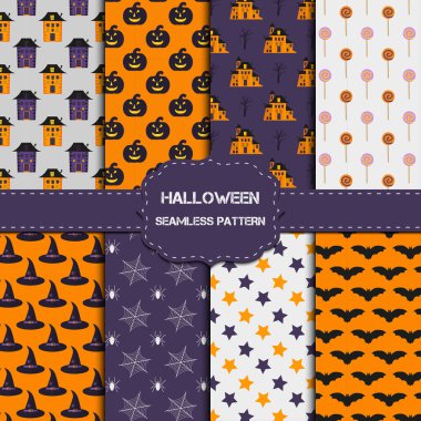 8 Cadılar Bayramı desenleri ile sonsuz doku topluluğu. Duvar kağıdı, dolgular, web sayfası, yüzey, karalama defteri, tatil kartı, davet ve parti tasarım için vektör arka plan-ebilmek var olmak kullanılmış.