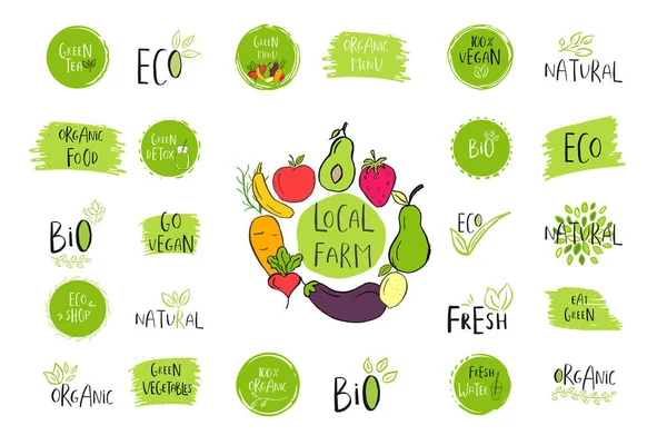 Vektör Eko, bio yeşil Logotype veya işaretler topluluğu. Vegan, ham, sağlıklı gıda rozetleri, kafeterya, restoranlar, ambalaj ürünleri için Etiketler. Elle çizilmiş yaprakları, dalları yazı ile. Organik tasarım.