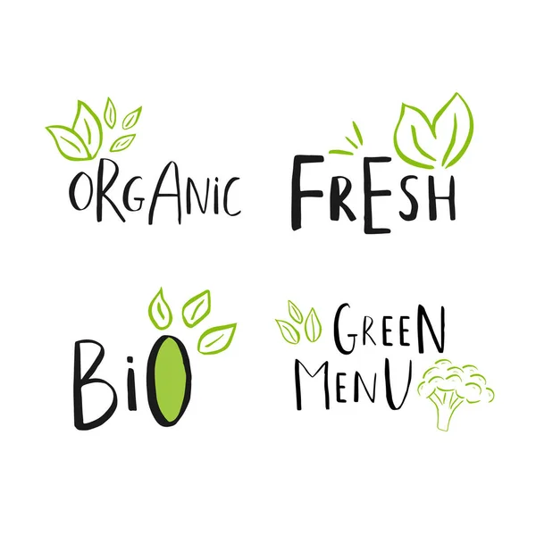 Set Vectores Eco Bio Logo Verde Signo Insignia Comida Vegana — Vector de stock