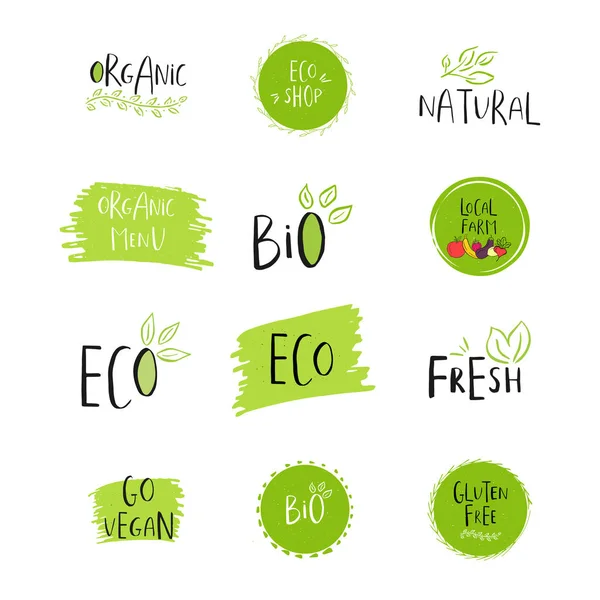 Coleção Vetor Eco Bio Logotipos Verdes Sinais Vegan Cru Crachás —  Vetores de Stock