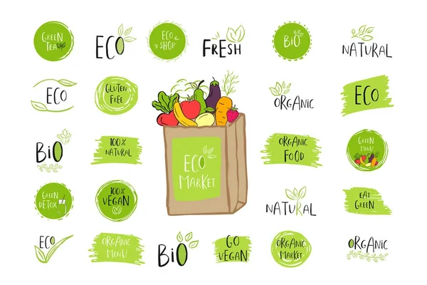 Colección Vectores Eco Bio Verde Logotipos Signos Insignias Alimentos Veganos — Archivo Imágenes Vectoriales