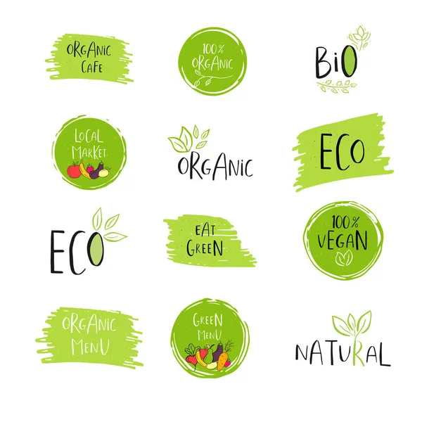 Coleção Vetor Eco Bio Logotipos Verdes Sinais Vegan Cru Crachás —  Vetores de Stock