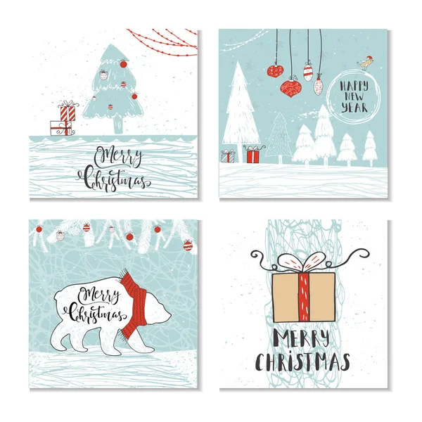 4 sevimli Noel hediye kartları ile hayvan ve yazı alıntı Merry Christmas, sıcak dilek, sihirli anlar kümesi. Kartpostal tasarım, poster, tişört, için çizilen illüstrasyon el afiş, Oktay davet, karalama defteri. Mükemmel vektör.