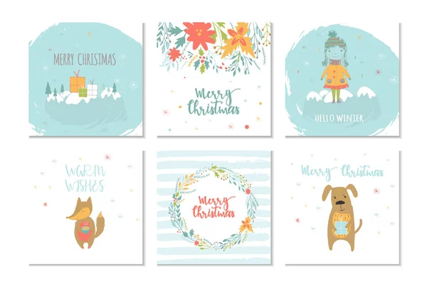 Colección Feliz Navidad Linda Tarjeta Felicitación Con Animales Regalos Letras — Vector de stock