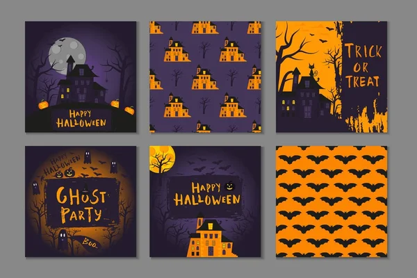Samling Happy Halloween Affischer Design Med Traditionella Symboler Och Handen — Stock vektor