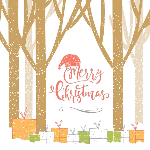 圣诞快乐可爱的贺卡与森林 礼物和刻字报价 手绘风格的海报邀请 假日设计 儿童房 托儿所装饰 — 图库矢量图片