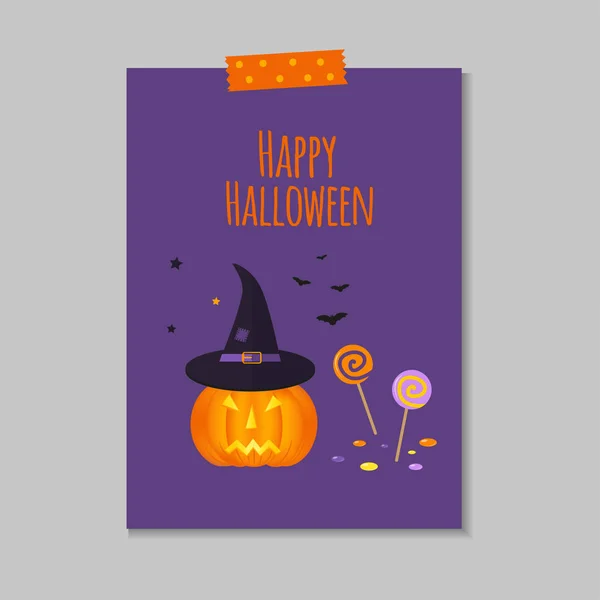 Cute Vector Halloween Card Pumpkin Candy Bat Hat Elements Objects — Stock Vector