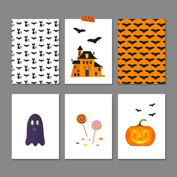 Set mit 6 niedlichen Halloween-Karten — Stockvektor