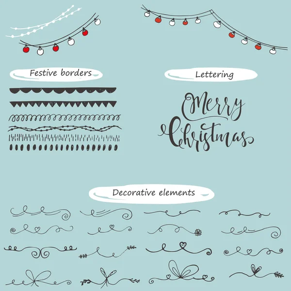 Collectie Van Hand Getrokken Kerst Borders Met Belettering Leuke Unieke — Stockvector