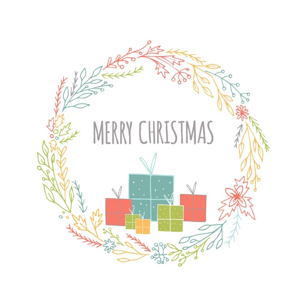 Niedliche Geschenkkarte Mit Kranz Geschenken Und Handgezeichneten Weihnachtsbriefen Poster Mit — Stockvektor
