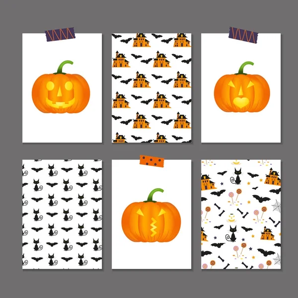 Conjunto de 6 cartões de Halloween bonitos — Vetor de Stock