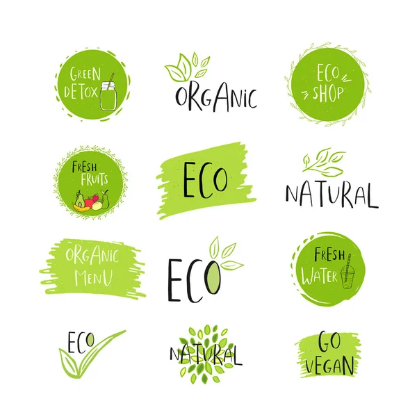 Coleção Vetor Eco Bio Logotipos Verdes Sinais Vegan Cru Crachás — Vetor de Stock