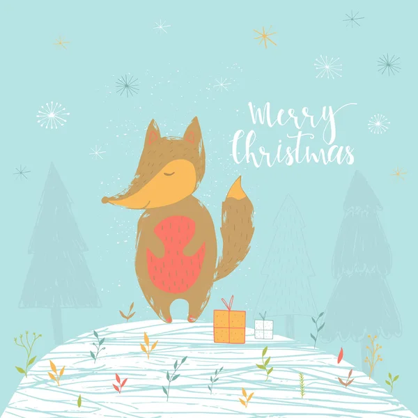 Frohe Weihnachten Süße Grußkarte Mit Fuchs Als Geschenk Handgezeichnete Plakate — Stockvektor