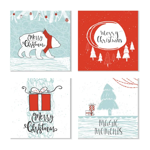 Conjunto Lindas Tarjetas Regalo Navidad Con Letras Feliz Navidad Patrones — Vector de stock