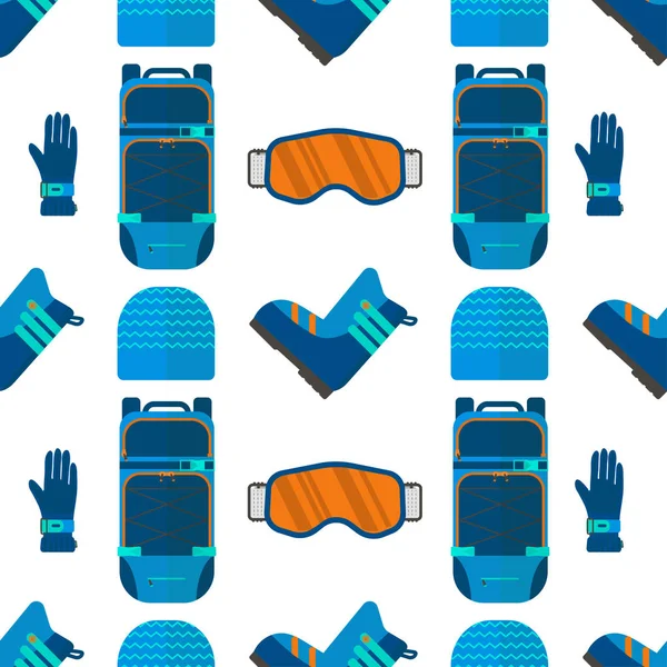 Winter sport seamless pattern. Skiing and snowboarding set equipment isolated on white background in flat style design for decorative wallpaper, printing, backdrop, scrapbook.