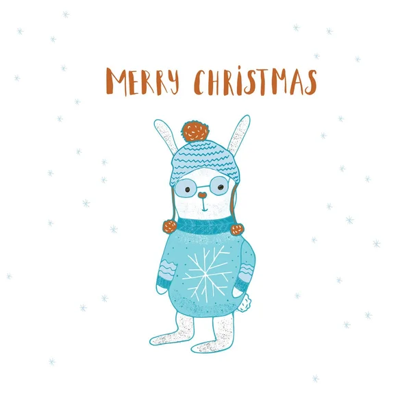 Merry Christmas Cute Greeting Card Hare Present Handwritten Style Holiday — Stock Vector