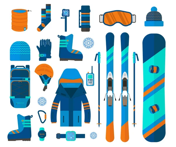 Winter sport icons collection. Skiing and snowboarding set equipment isolated on white background in flat style design. Elements for ski resort picture, mountain activities, vector illustration.