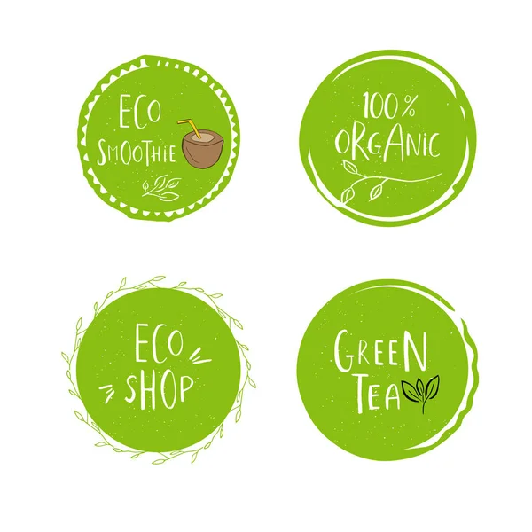 Coleção Vetor Eco Bio Logotipos Verdes Sinais Vegan Cru Crachás —  Vetores de Stock