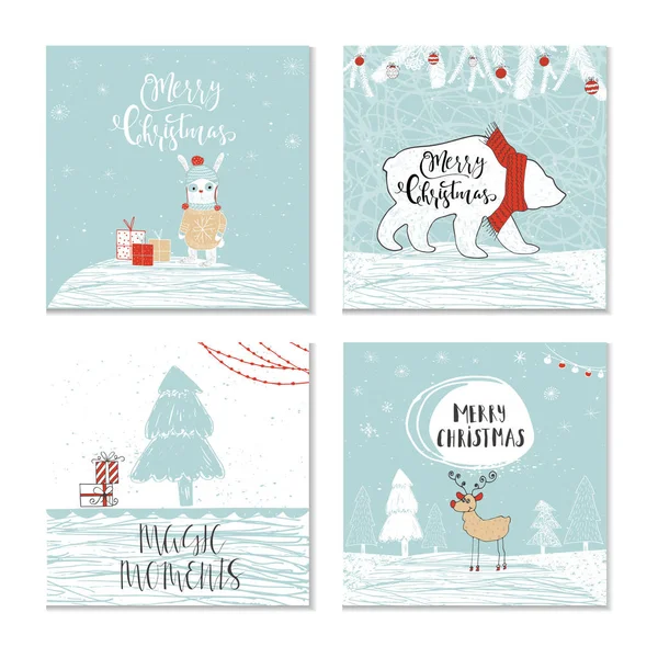 動物とメリー クリスマスの引用 暖かい願い 魔法の瞬間をレタリング かわいいクリスマス ギフト カードのセットです 手描きイラストはがきのデザイン ポスター シャツ — ストックベクタ