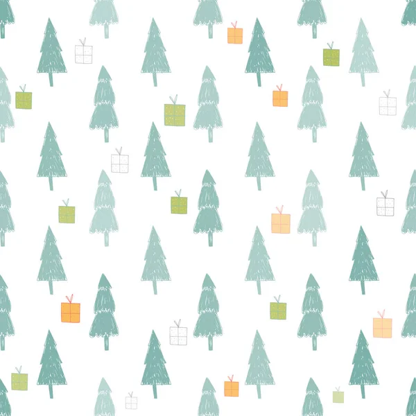 Nahtloses Urlaubsmuster Mit Wald Und Geschenken Handgezeichneter Weihnachtshintergrund Für Grußkarte — Stockvektor