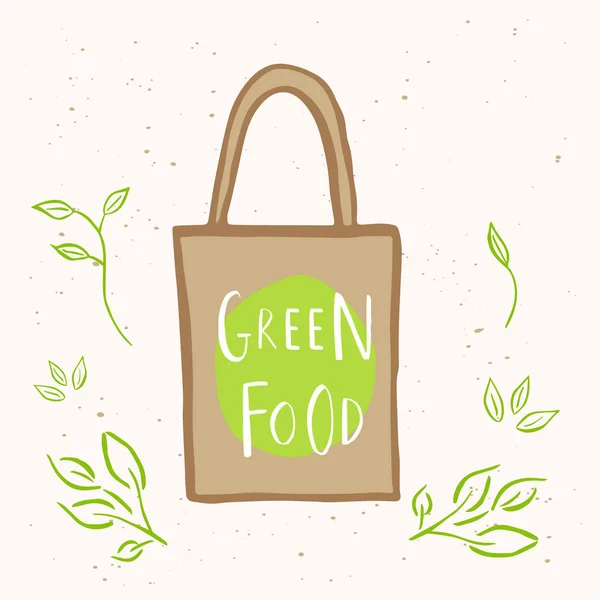 Handgezeichnete Einkaufstasche Mit Grünem Schriftzug Stoff Baumwollstoff Vektor Illustration Für — Stockvektor