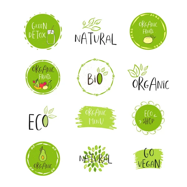收集矢量生态 生物绿色标志或标志 纯素食 健康食品徽章 标签为咖啡馆 产品包装 手绘制的叶子 分枝具刻字 有机设计 — 图库矢量图片