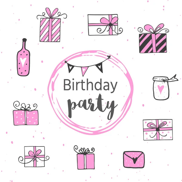 Glückwunsch Zum Geburtstag Grußkarte Und Party Einladungsvorlage Schwarz Und Rosa — Stockvektor
