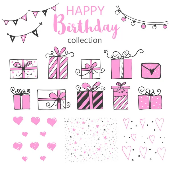 Birthday Party Icons Set Black Pink Colors Hand Drawn Elements — Stock Vector