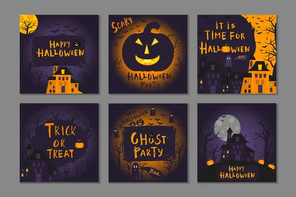 Sammlung Von Fröhlichen Halloween Plakaten Mit Traditionellen Symbolen Und Handgezeichneten — Stockvektor