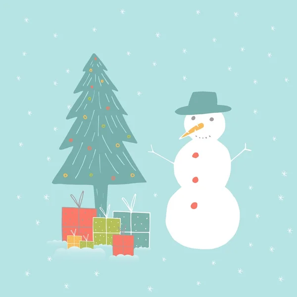 Feliz Navidad Linda Tarjeta Felicitación Con Muñeco Nieve Para Regalos — Vector de stock